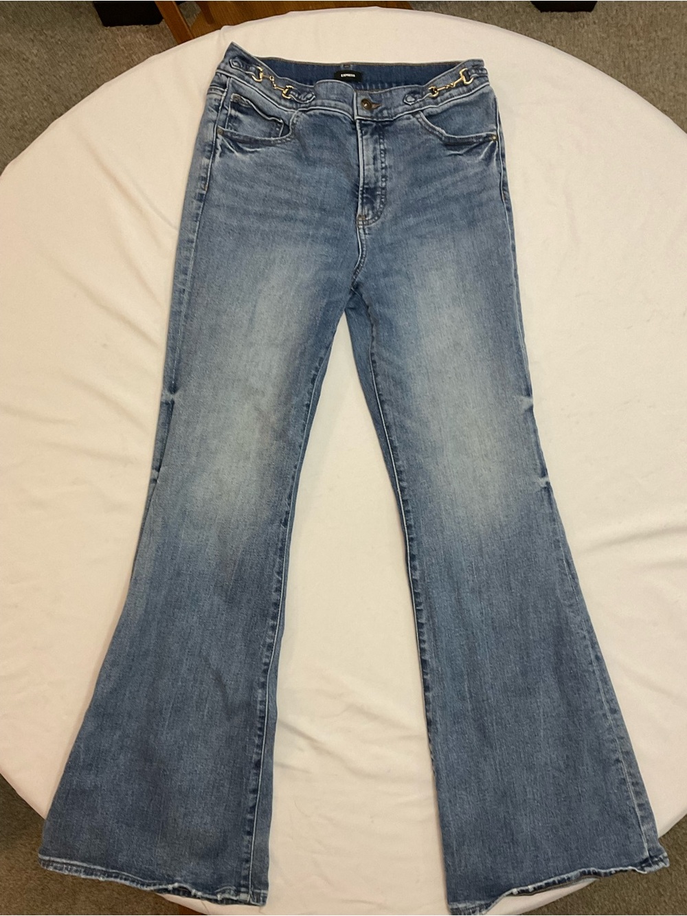 Express Women’s 70’s Light Blue Flared Jeans with Chain Detail
